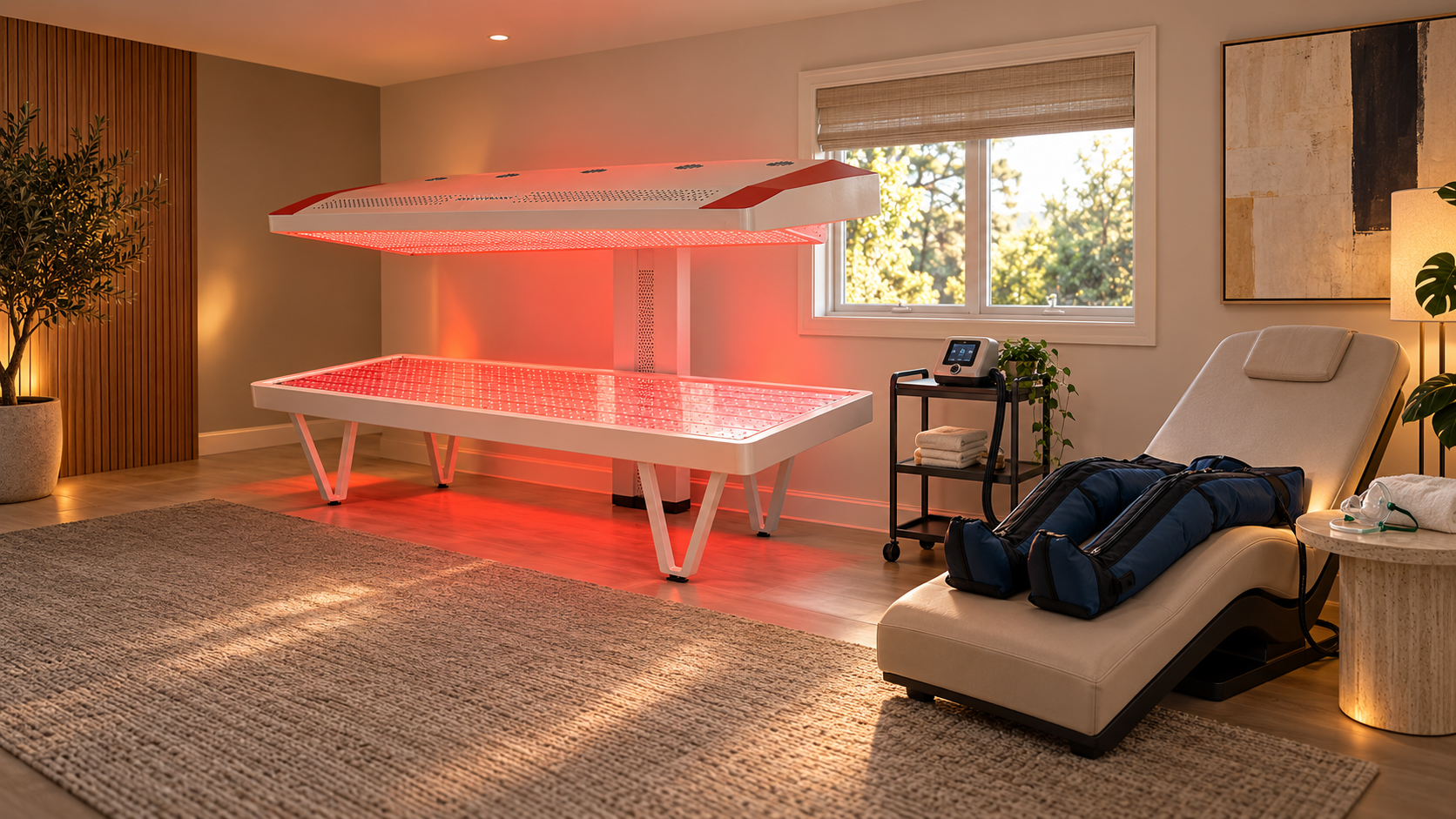 A private vitality room with a red and near-infrared light bed, a compression lounge chair, and warm wood and stone finishes