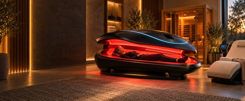 A woman resting inside an open red-light therapy capsule in a dark wood wellness room with a glass-fronted sauna at the window