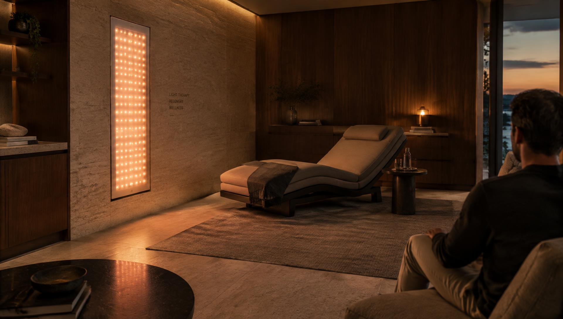 A completed private vitality room in limestone and walnut with an integrated light panel and recovery lounger, its owner seated quietly at dusk